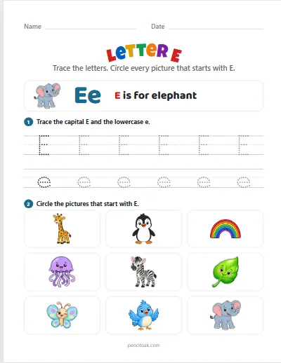 Letter E worksheet