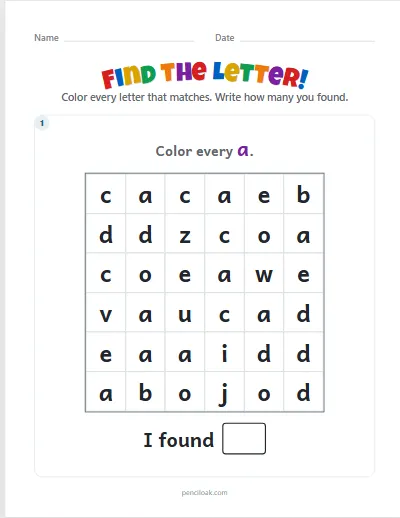 Letter hunt · a · Lowercase · 1 puzzle worksheet