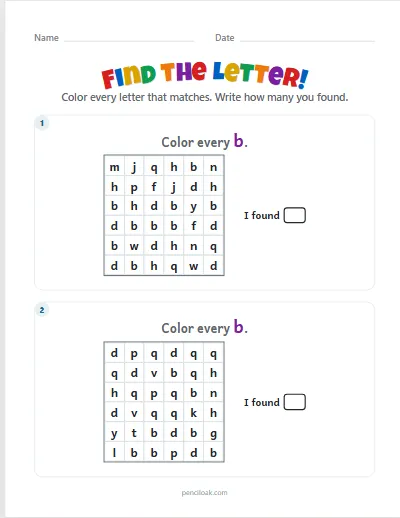 Letter hunt · b · Lowercase · 2 puzzles worksheet