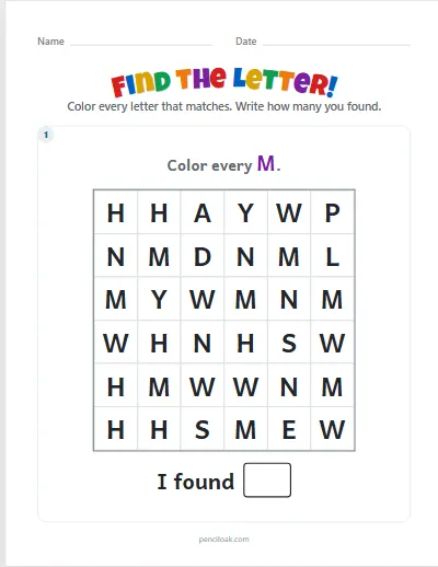 Letter hunt · M · Capital · 1 puzzle worksheet