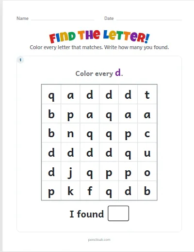 Letter hunt · d · Lowercase · 1 puzzle worksheet