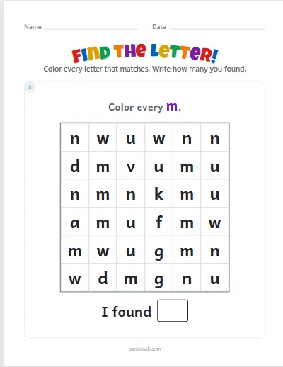 Letter hunt · m · Lowercase · 1 puzzle worksheet