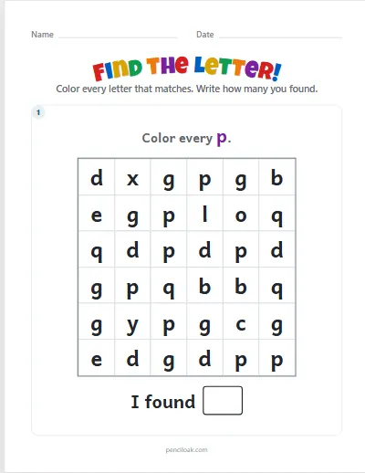 Letter hunt · p · Lowercase · 1 puzzle worksheet