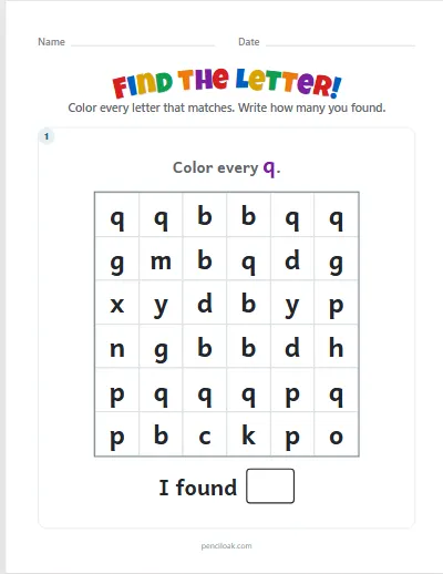 Letter hunt · q · Lowercase · 1 puzzle worksheet
