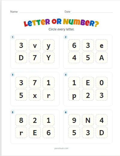 Letter or number · Letters · Both cases · 6 boxes worksheet