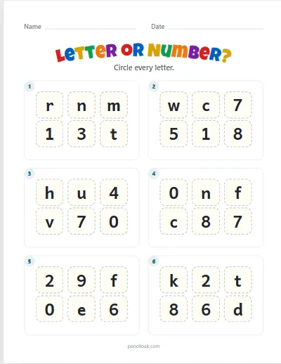 Letter or number · Letters · Lowercase · 6 boxes · set 2 worksheet