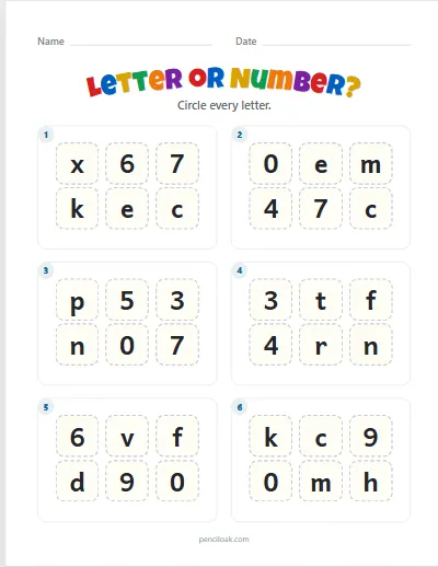 Letter or number · Letters · Lowercase · 6 boxes worksheet