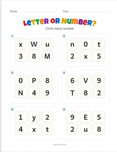 Letter or number · Numbers · Both cases · 6 boxes worksheet