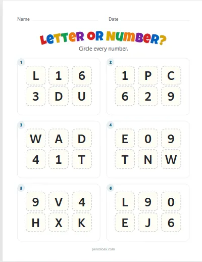 Letter or number · Numbers · Capitals · 6 boxes · set 2 worksheet