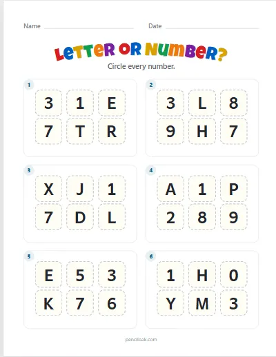 Letter or number · Numbers · Capitals · 6 boxes worksheet