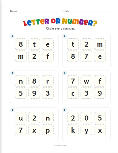 Letter or number · Numbers · Lowercase · 6 boxes worksheet