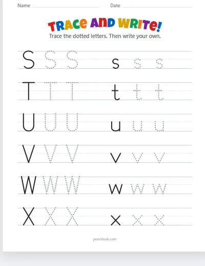 Letter tracing · S–X · Capital and lowercase · 6 rows worksheet