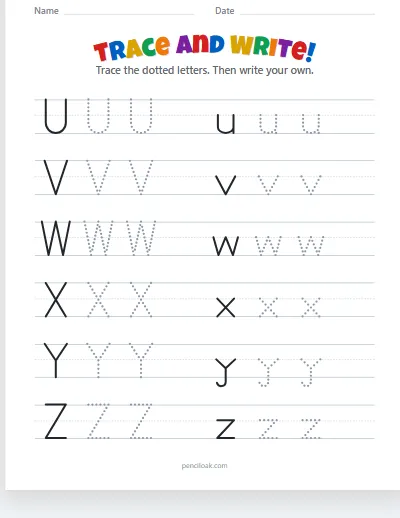 Letter tracing · U–Z · Capital and lowercase · 6 rows worksheet