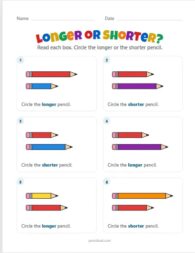 Longer or shorter pencils · 6 questions worksheet