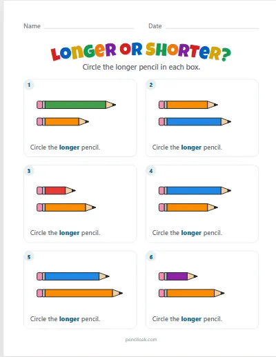 Longer pencils · 6 questions worksheet