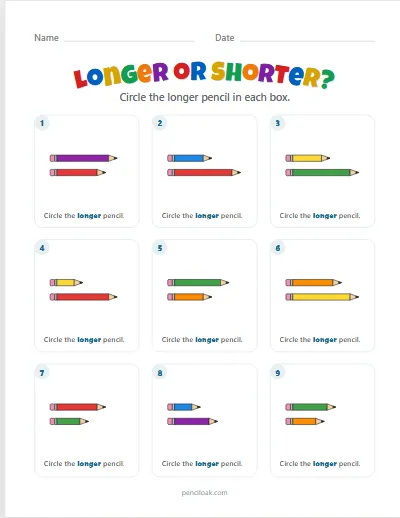 Longer pencils · 9 questions worksheet