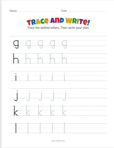 Letter tracing · g–l · Lowercase · 6 rows worksheet