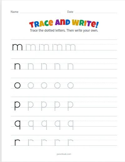 Letter tracing · m–r · Lowercase · 6 rows worksheet