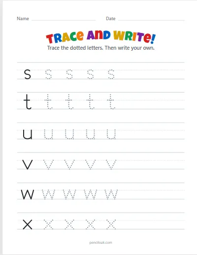 Letter tracing · s–x · Lowercase · 6 rows worksheet