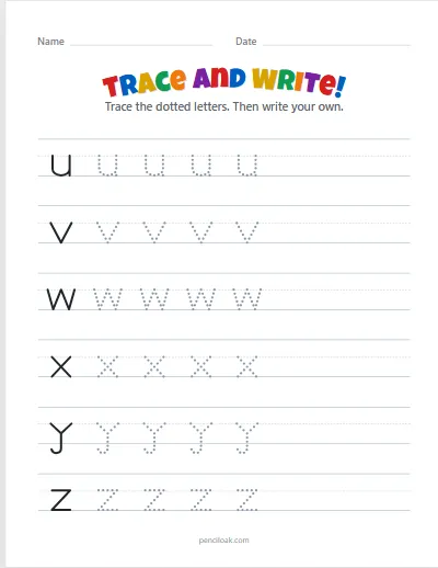 Letter tracing · u–z · Lowercase · 6 rows worksheet