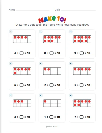 Make 10 · 9 frames · set 2 worksheet
