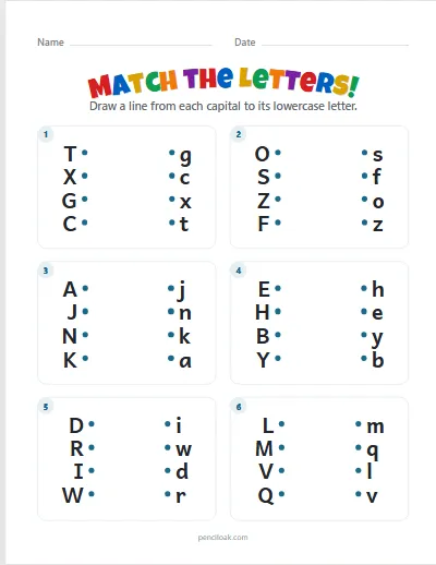Match the letters · All letters · 4 pairs · 6 questions worksheet