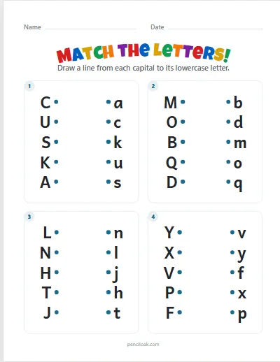 Match the letters · All letters · 5 pairs · 4 questions worksheet