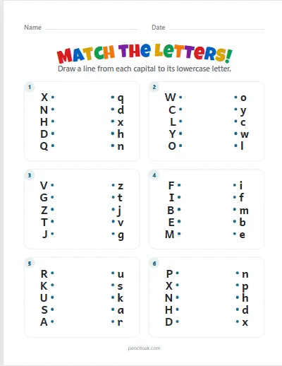 Match the letters · All letters · 5 pairs · 6 questions worksheet