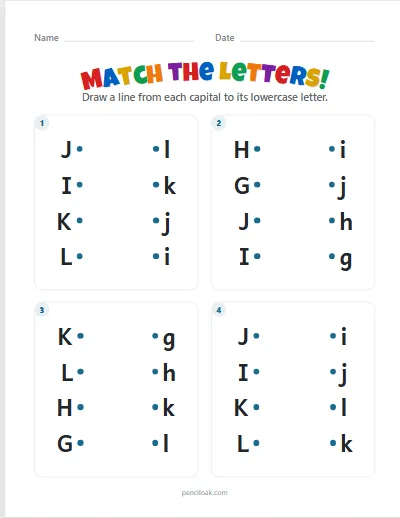 Match the letters · G–L · 4 pairs · 4 questions worksheet