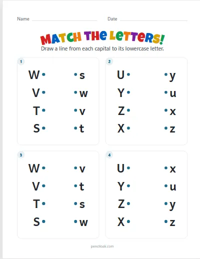 Match the letters · S–Z · 4 pairs · 4 questions worksheet