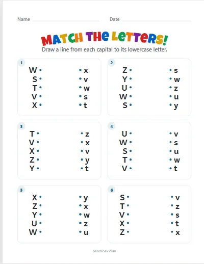 Match the letters · S–Z · 5 pairs · 6 questions worksheet