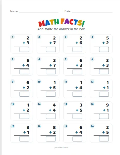 Math facts · Addition · Within 10 · 20 facts worksheet
