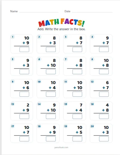 Math facts · Addition · Within 20 · 20 facts · set 2 worksheet