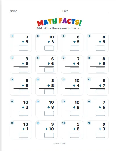 Math facts · Addition · Within 20 · 20 facts worksheet