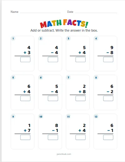 Math facts · Mixed · Within 10 · 12 facts worksheet
