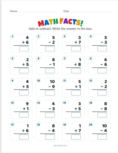 Math facts · Mixed · Within 10 · 20 facts · set 2 worksheet