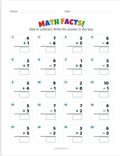 Math facts · Mixed · Within 10 · 20 facts worksheet