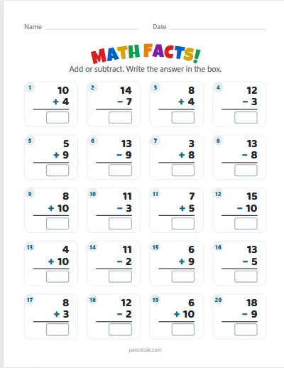 Math facts · Mixed · Within 20 · 20 facts · set 2 worksheet