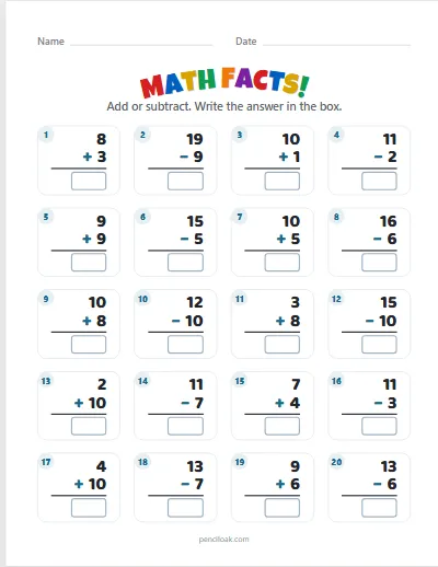 Math facts · Mixed · Within 20 · 20 facts worksheet