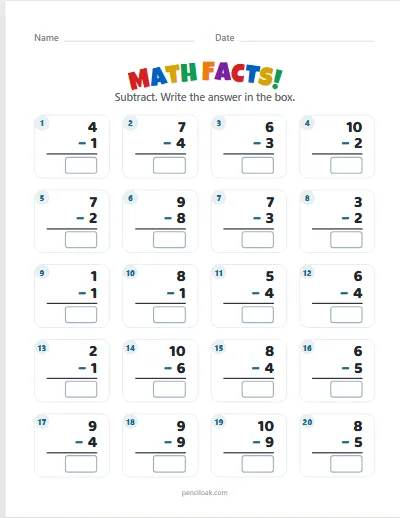 Math facts · Subtraction · Within 10 · 20 facts · set 2 worksheet