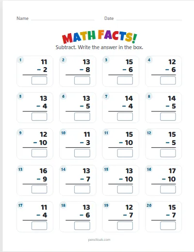 Math facts · Subtraction · Within 20 · 20 facts worksheet