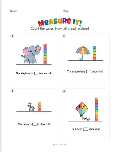Measure it · Up to 10 cubes · 4 pictures · set 2 worksheet