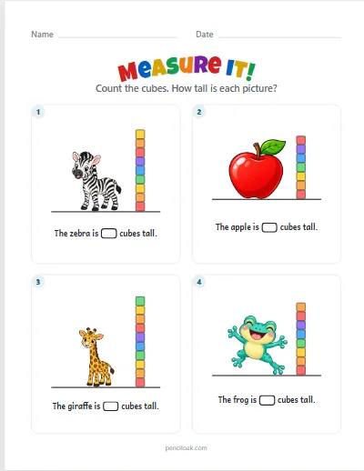 Measure it · Up to 10 cubes · 4 pictures · set 3 worksheet