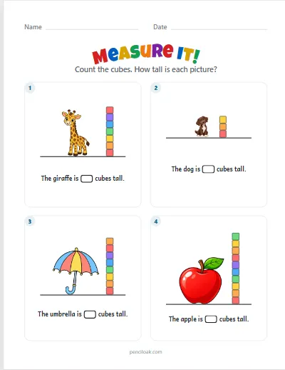 Measure it · Up to 10 cubes · 4 pictures · set 4 worksheet