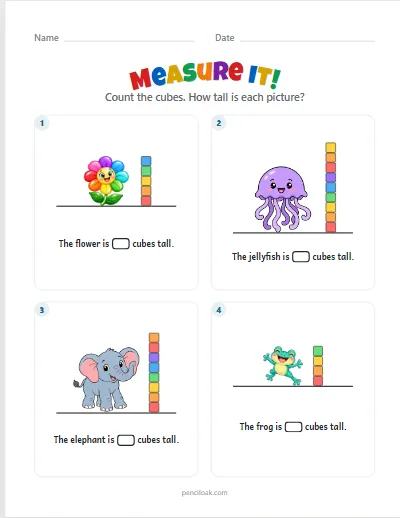 Measure it · Up to 10 cubes · 4 pictures worksheet