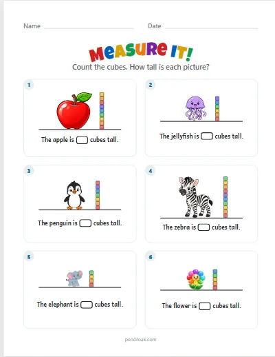 Measure it · Up to 10 cubes · 6 pictures · set 2 worksheet