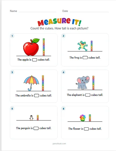 Measure it · Up to 10 cubes · 6 pictures worksheet