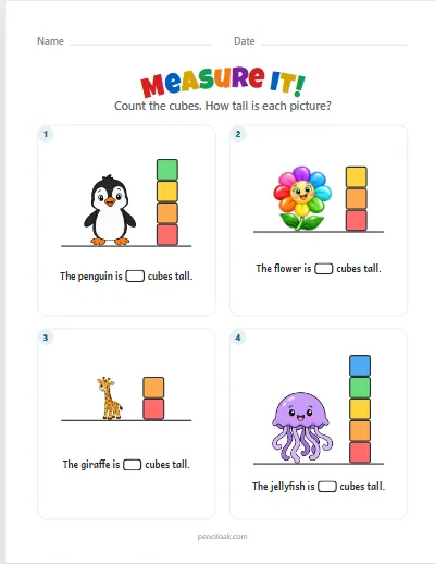 Measure it · Up to 5 cubes · 4 pictures · set 2 worksheet