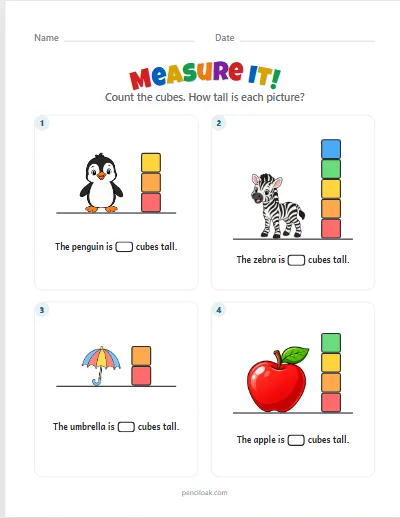 Measure it · Up to 5 cubes · 4 pictures worksheet