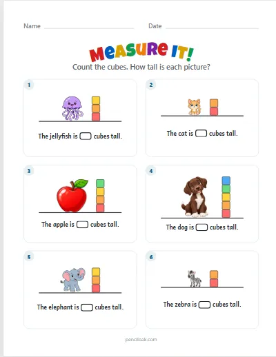 Measure it · Up to 5 cubes · 6 pictures · set 2 worksheet